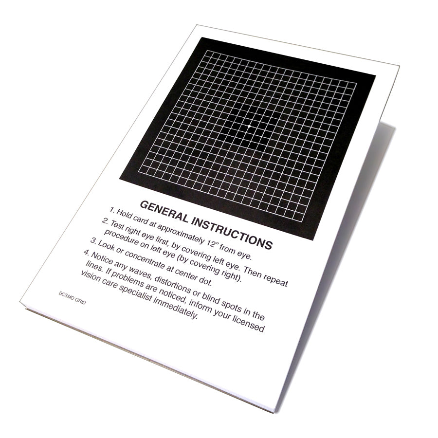 A printed instruction card for a visual acuity test, featuring a black grid panel at the top and general instructions printed below on a white background.