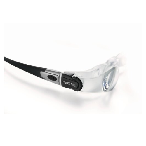 Sideview of the Eschenbach MaxDETAIL magnifying glasses with a black temple arm and a black maxDETAIL adjustment knob, shown on a white background.