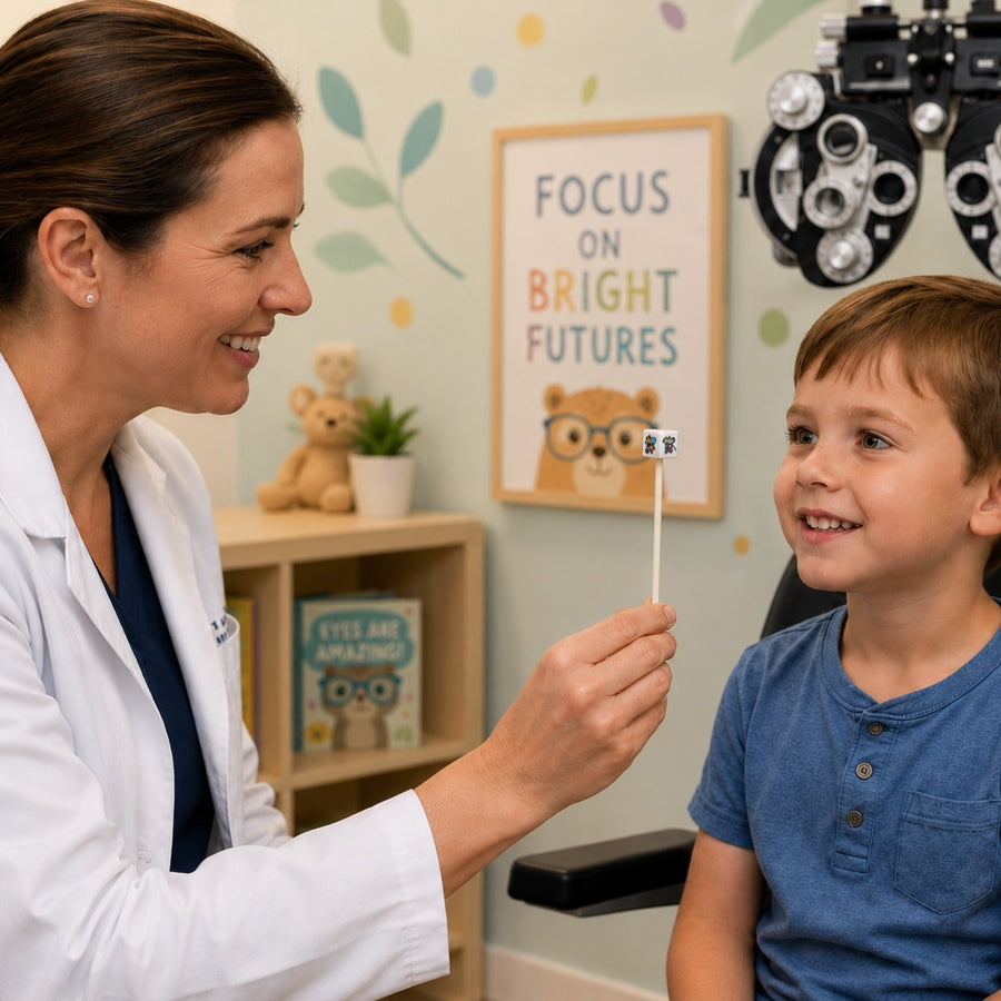 An optometrist holding a fixation cube with acuity check during a pediatric eye examination.