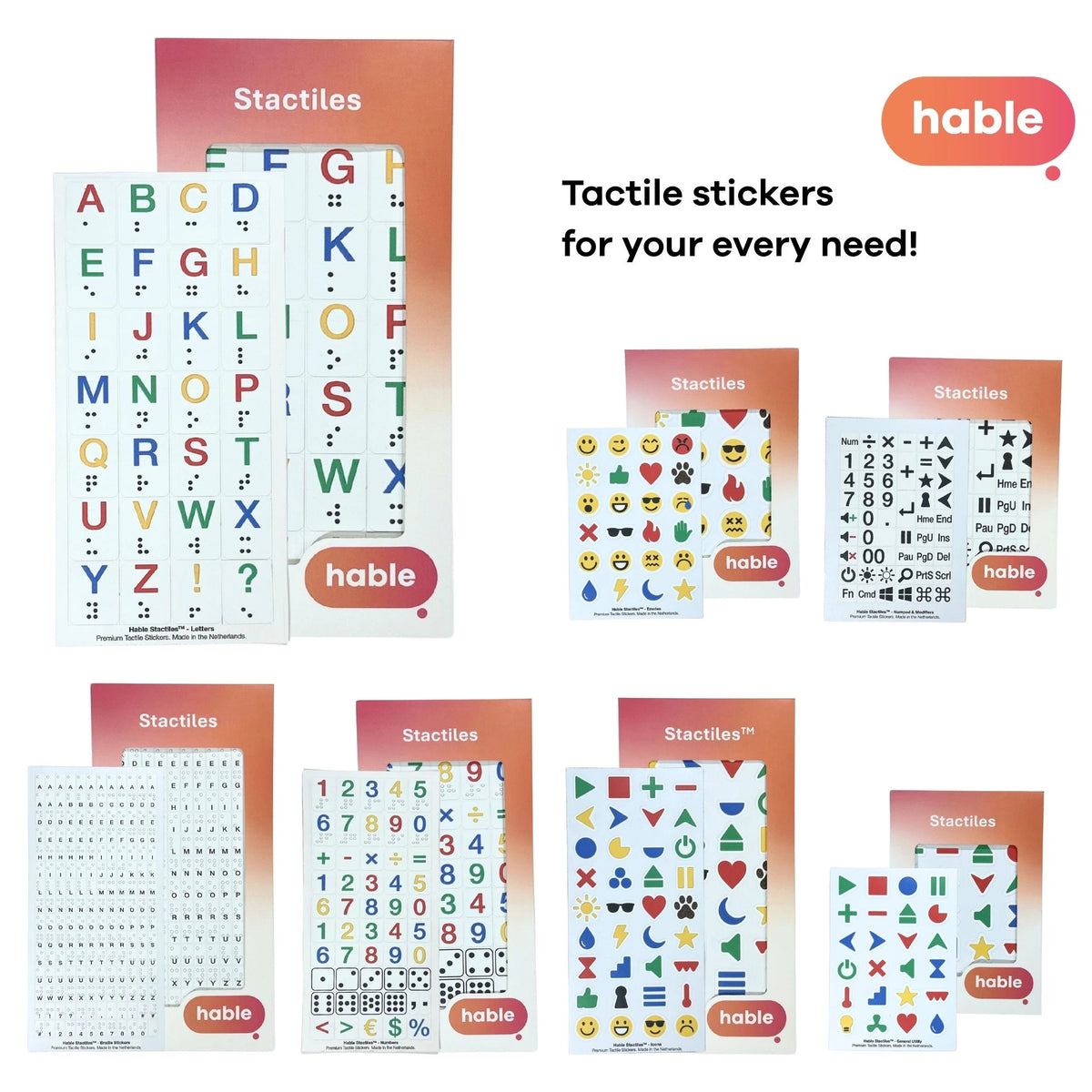 Hable range of Stactiles Tactile Stickers Large Letters with Braille