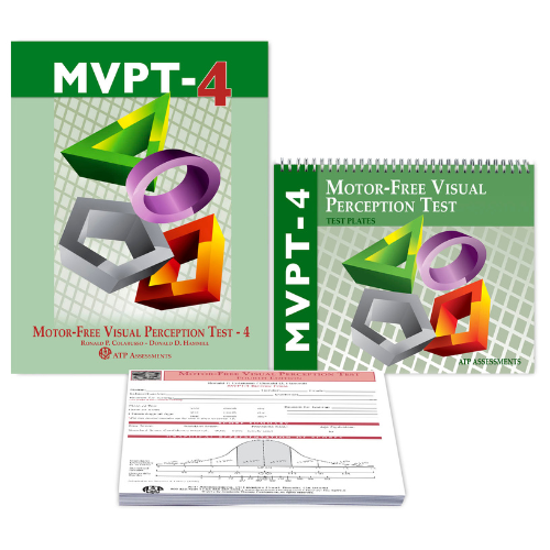 A boxed or booklet-style MVPT-4 test kit with a spiral-bound practice test page shown in front, on a plain white background. The cover design is predominantly green with multi-coloured geometric shapes and text reading 'MVPT-4' and 'Motor-Free Visual Perception Test.