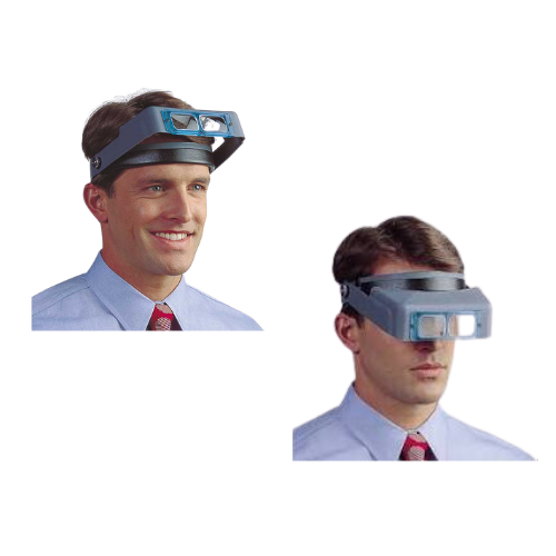 Two views of a man wearing a gray head-mounted OptiVISOR Binocular Magnifier. The first view shows the magnifier tilted upwards. The second view has the magnifier tilted down over the man's eyes.