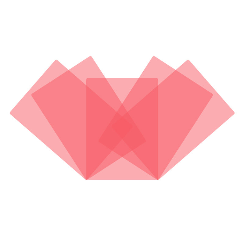 Overlapping translucent rose-coloured A4-sized overlays on a solid white background.