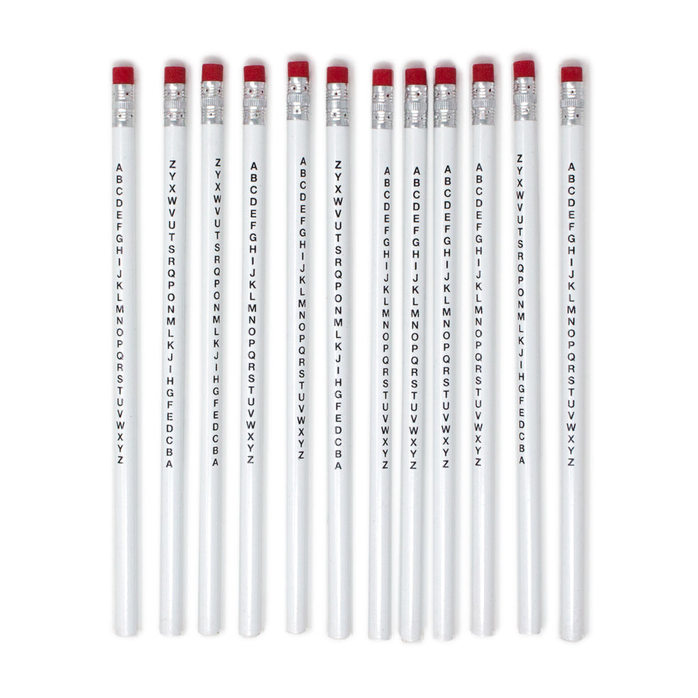 White pencil with red tip eraser on top end and A-Z alphabet printed in black on length of pencil.