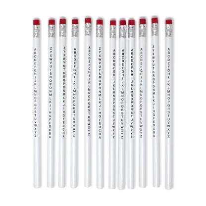 White pencil with red tip eraser on top end and A-Z alphabet printed in black on length of pencil.