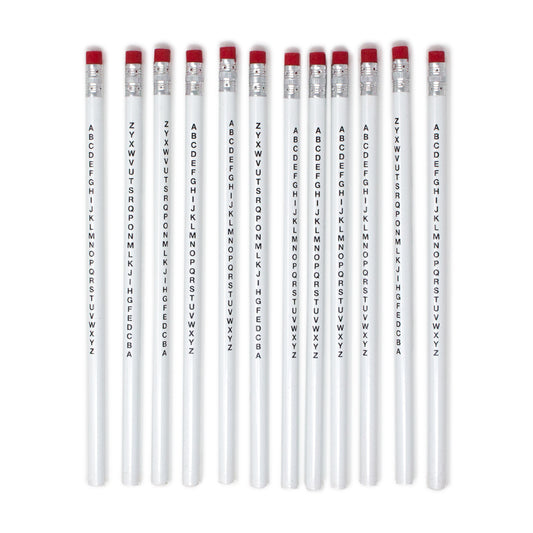 White pencil with red tip eraser on top end and A-Z alphabet printed in black on length of pencil.