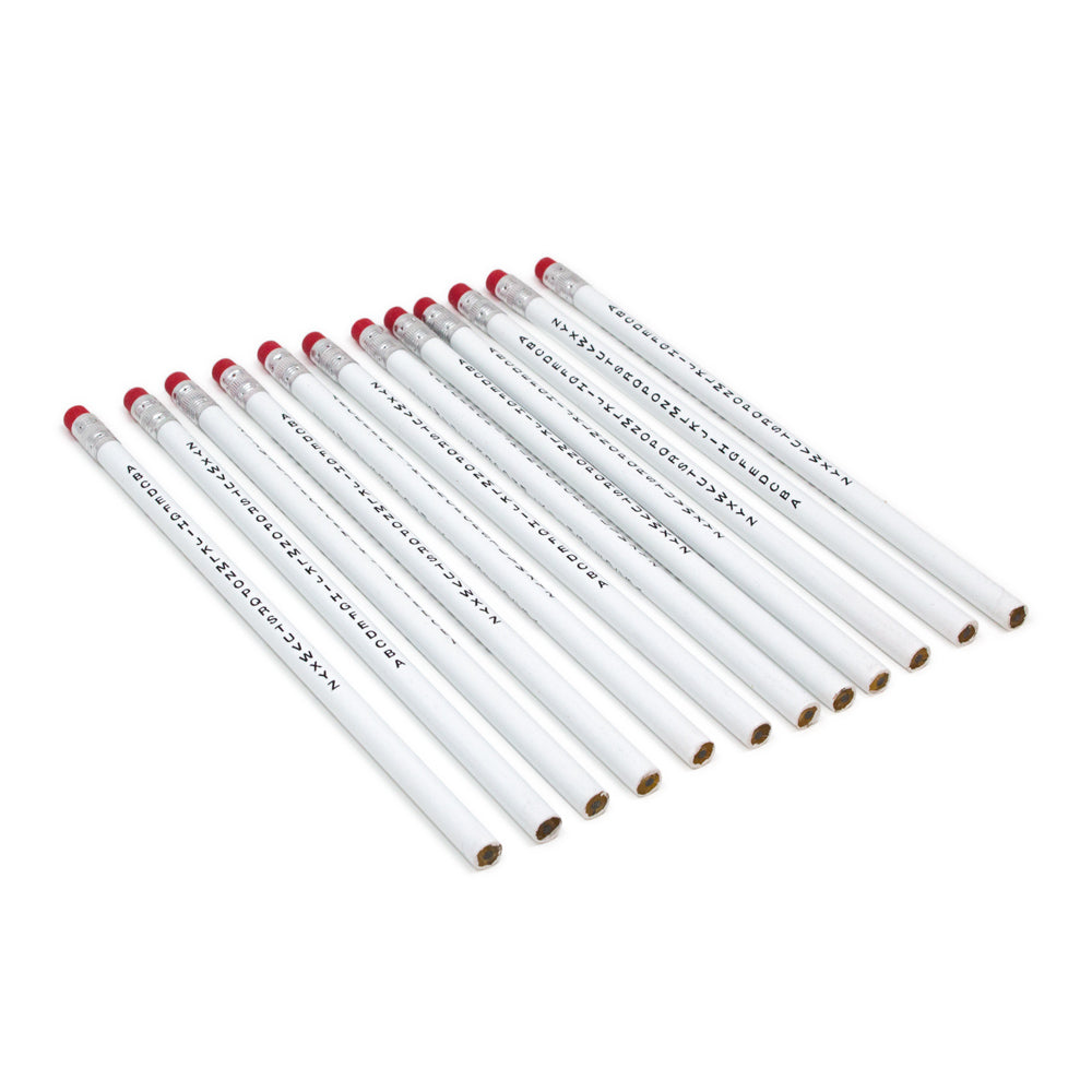 White pencil with red tip eraser at the 
top end and alphabet letters printed in black on length of pencil.
