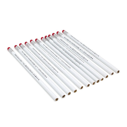 White pencil with red tip eraser at the 
top end and alphabet letters printed in black on length of pencil.