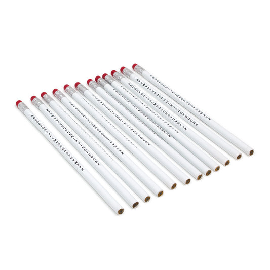White pencil with red tip eraser at the 
top end and alphabet letters printed in black on length of pencil.