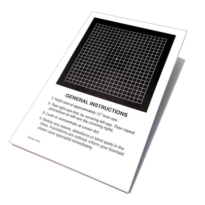 A printed instruction card for a visual acuity test, featuring a black grid panel at the top and general instructions printed below on a white background.