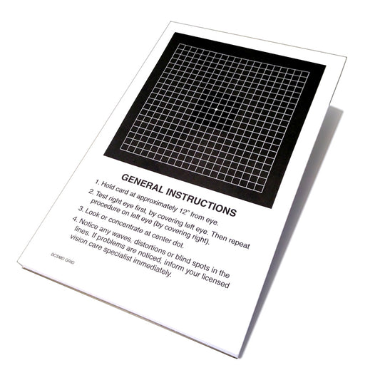 A printed instruction card for a visual acuity test, featuring a black grid panel at the top and general instructions printed below on a white background.