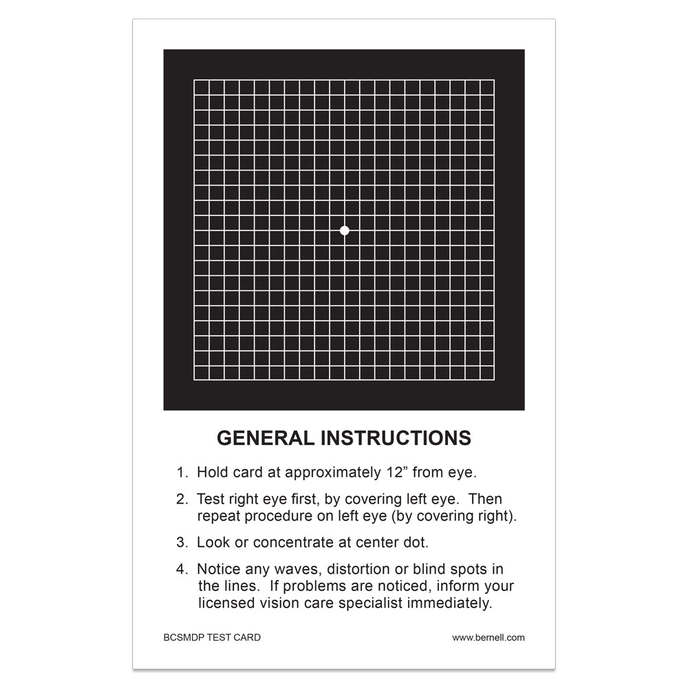 Amsler Grid Test with general instructions test card with a black square grid and printed text on a white card, shown against a light gray background.