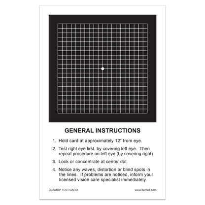 Amsler Grid Test with general instructions test card with a black square grid and printed text on a white card, shown against a light gray background.