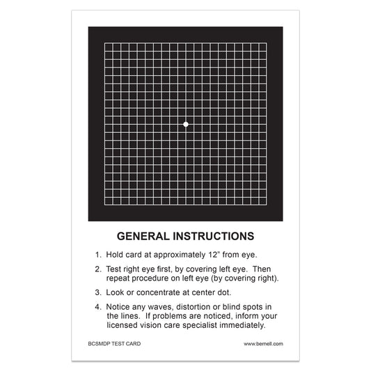 Amsler Grid Test with general instructions test card with a black square grid and printed text on a white card, shown against a light gray background.