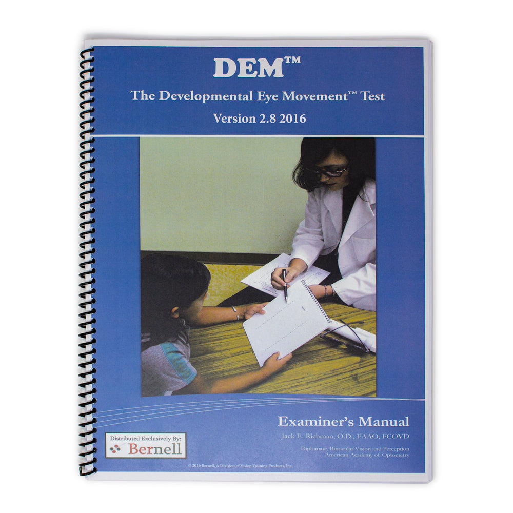 Book titled 'DEM The Developmental Eye Movement Test Examiner's Manual' with a cover photo of two people working on a document.