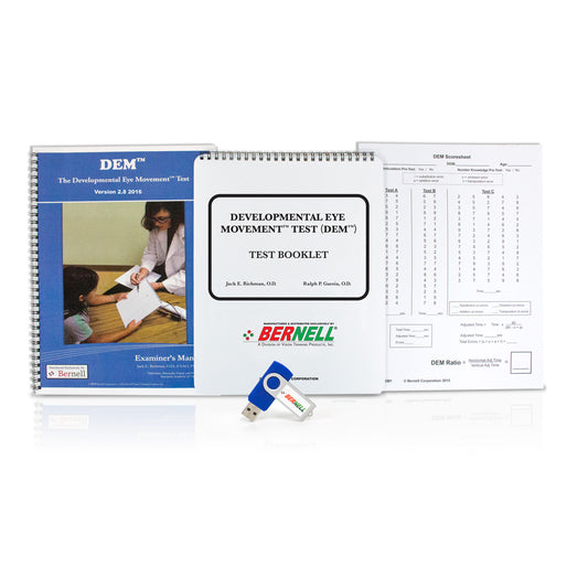Developmental Eye Movement Test (DEM) materials including a book, test booklet, and USB drive on a white background.