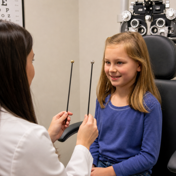A young girl with blonde hair sits in an optometrist's chair while a professional examines her eyes. The doctor holds two  Bernell Fixation Wands with gold and silver tips.
