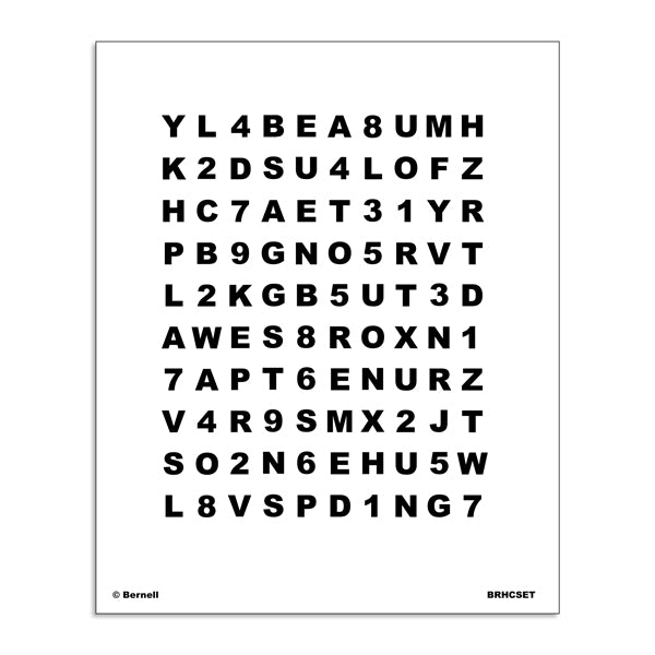 A white rectangular sheet with black alphanumeric characters arranged in a grid, for testing and accommodative vision training. Small text at the bottom reads '© Bernell' on the left and 'BRHCSET' on the right.