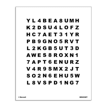 A white rectangular sheet with black alphanumeric characters arranged in a grid, for testing and accommodative vision training. Small text at the bottom reads '© Bernell' on the left and 'BRHCSET' on the right.