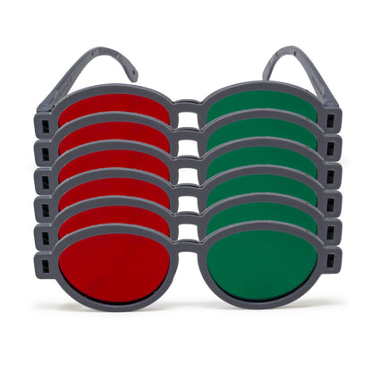 Red and green filter glasses stacked on a white background