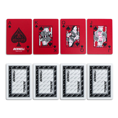 Set of Bernell red playing cards with black text and logos on a white background