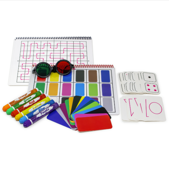 Colorful vision therapy supplies from the Bernell VT Basement Games kit