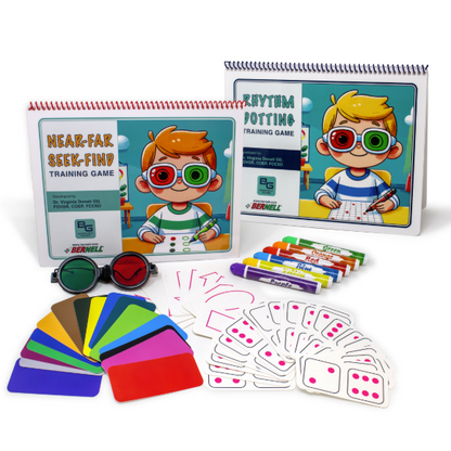 Bernell Vision training kit with colorful cards, markers, and eye wear on a white background