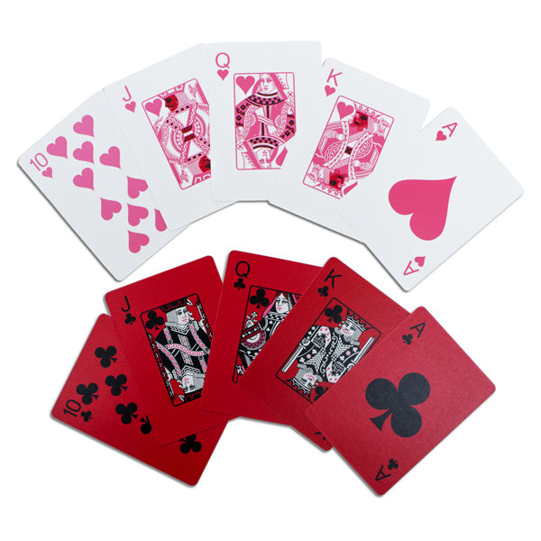 Red and white / Red and black playing cards fanned out on a white background