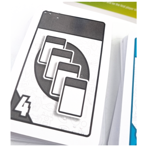 A close-up of a printed card from the Braille Monopoly Bid card game featuring a black and white graphic with four overlapping rectangular card icons and a large number 4 in the lower left corner.