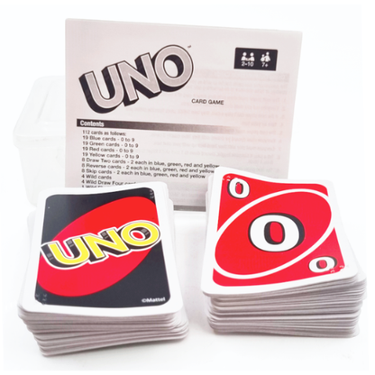 Brialle imprinted UNO card game set with the game box, a deck of black cards, and a stack of red cards on a white background.