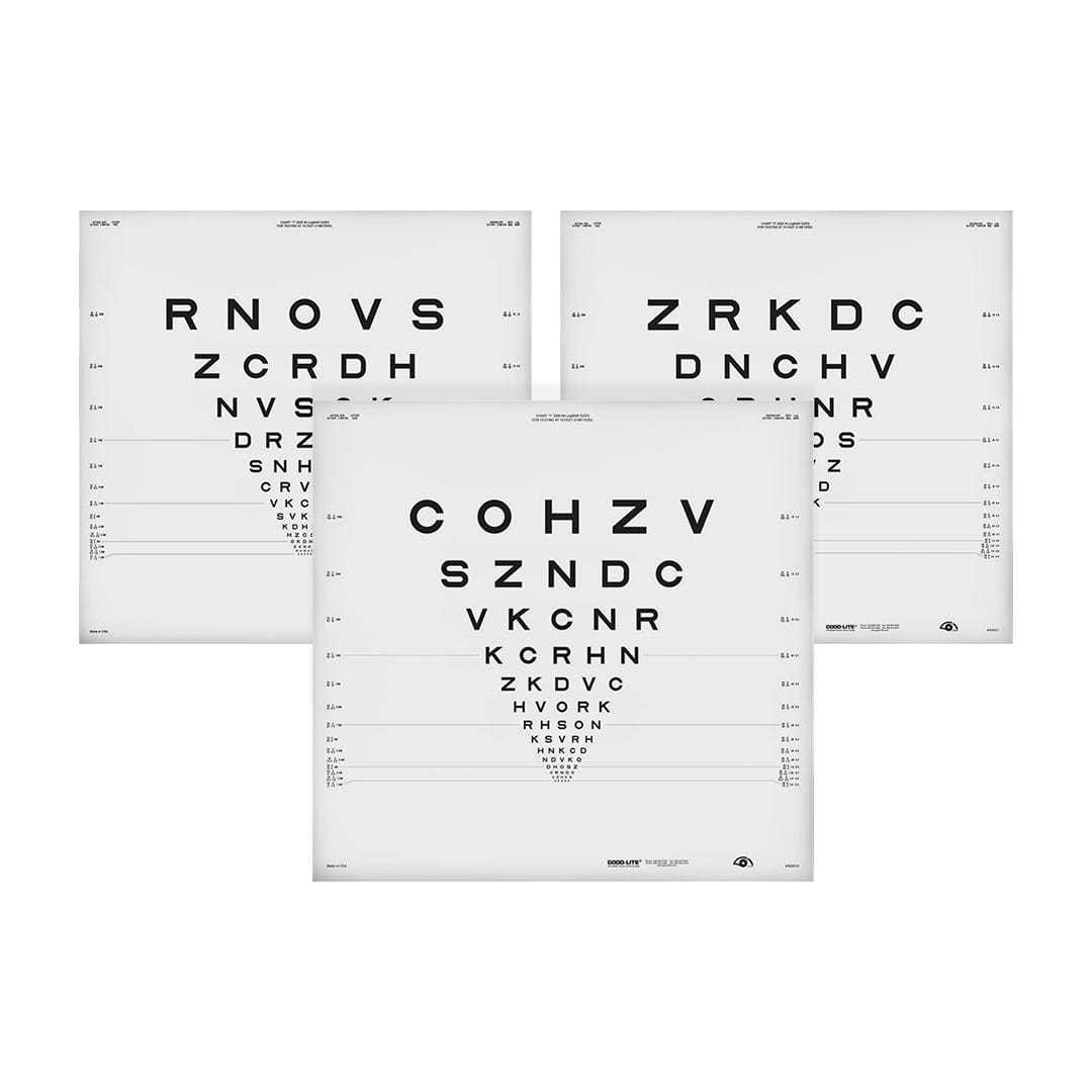 Three vision test charts with black letters on white backgrounds