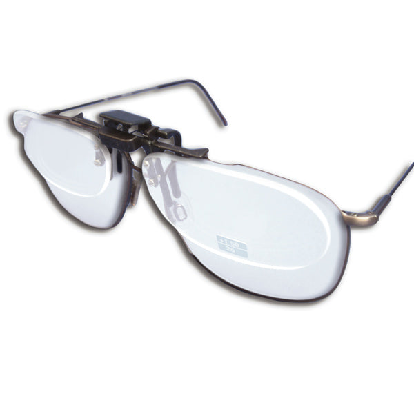 Clip-on glasses with clear lenses that converts ordinary bifocals into glasses that relieve eye strain and relieve neck fatigue associated with VDT operations.