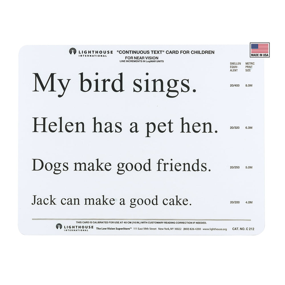 A rectangular white reading practice card with black printed text from Lighthouse International, titled "Continuous Text Card for Children," shown on a plain white background.