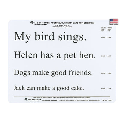 A rectangular white reading practice card with black printed text from Lighthouse International, titled "Continuous Text Card for Children," shown on a plain white background.