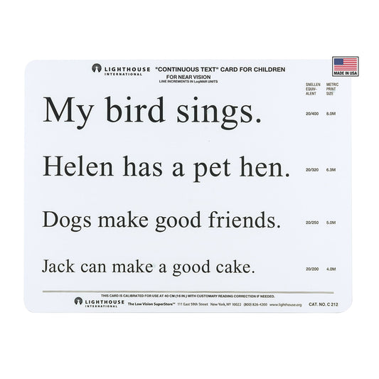 A rectangular white reading practice card with black printed text from Lighthouse International, titled "Continuous Text Card for Children," shown on a plain white background.
