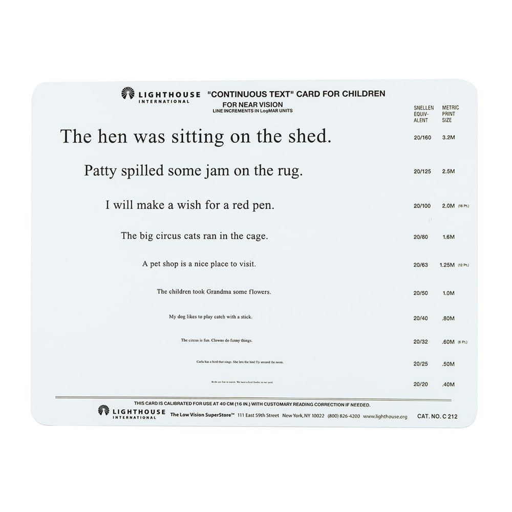 A rectangular white reading practice card with black printed text from Lighthouse International, titled "Continuous Text Card for Children," shown on a plain white background.
