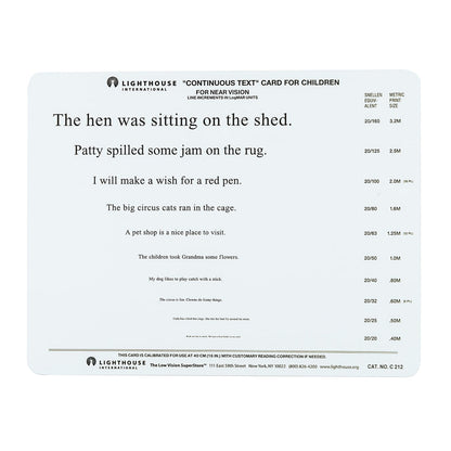 A rectangular white reading practice card with black printed text from Lighthouse International, titled "Continuous Text Card for Children," shown on a plain white background.