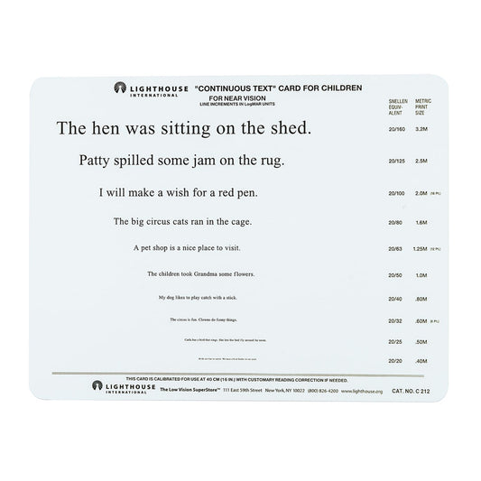 A rectangular white reading practice card with black printed text from Lighthouse International, titled "Continuous Text Card for Children," shown on a plain white background.