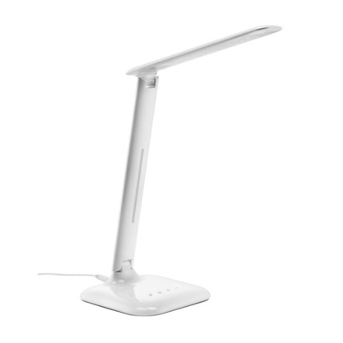 The Eschenbach Economy VisionLED is a modern white adjustable LED desk lamp with a sleek, minimalist design, featuring a flat rectangular base, a slim articulated neck, and a long flat lamp head, shown on a plain white background.