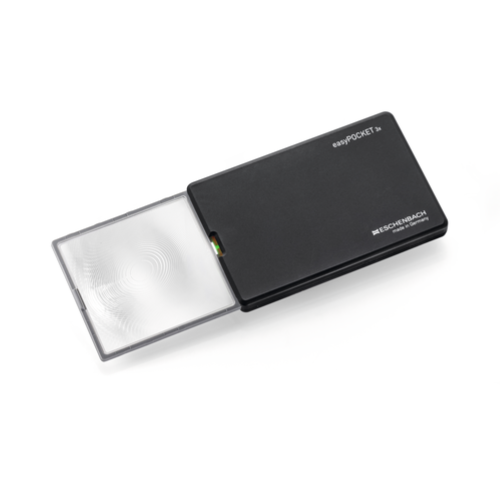 Eschenbach easyPOCKET handheld magnifier in Black 8D 3x, with the magnifier lens extended