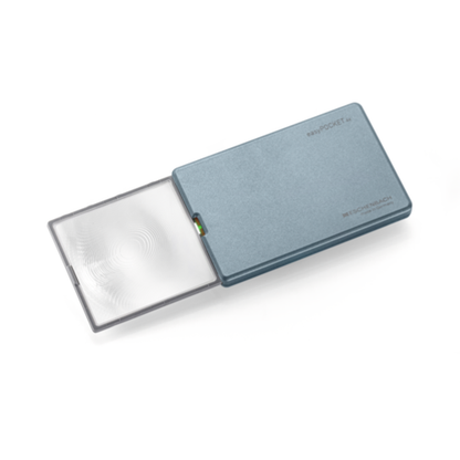 Eschenbach easyPOCKET handheld magnifier in Blue 16D 4x, with the magnifier lens extended