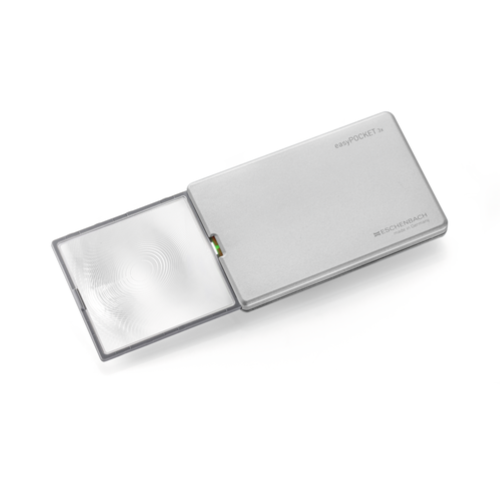 Eschenbach easyPOCKET handheld magnifier in Silver 8D 3x, with the magnifier lens extended