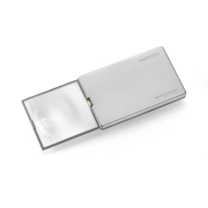 Eschenbach easyPOCKET handheld magnifier in Silver 8D 3x, with the magnifier lens extended