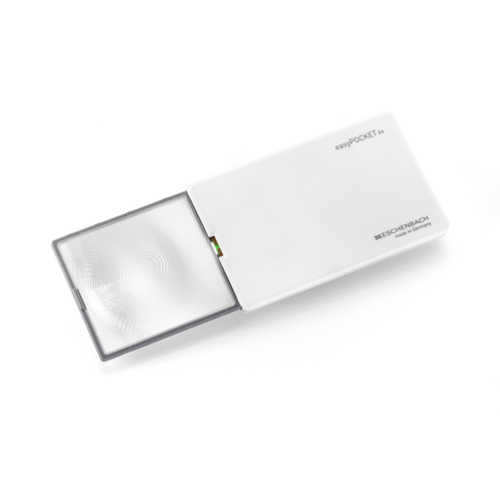 Eschenbach easyPOCKET handheld magnifier in White 24D 6x, with the magnifier lens extended