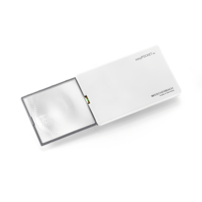 Eschenbach easyPOCKET handheld magnifier in White 24D 6x, with the magnifier lens extended
