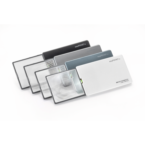 Eschenbach easyPOCKET range of handheld magnifiers in various colours and lens sizes. 