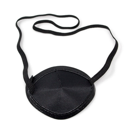 A black mesh eye patch with a black elastic strap, shown on a plain white background.