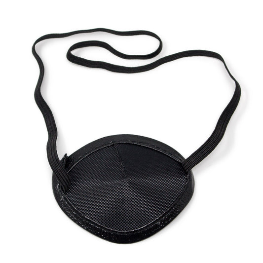 A black mesh eye patch with a black elastic strap, shown on a plain white background.