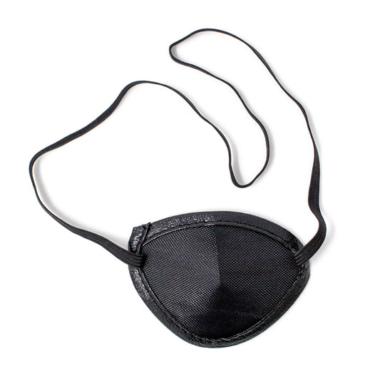 A black textured mesh eye patch with black elastic strap, shown on a plain white background.