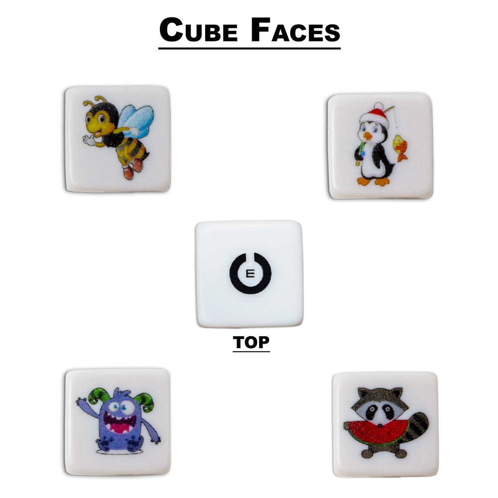 A set of five white square cube faces arranged on a white background, with the top centre cube labeled 'TOP' showing a Landolt C with Snellen E. The other four faces feature colourful cartoon illustrations: a waving bee, a penguin with fish, a happy blue monster, and a raccoon holding a red watermelon.